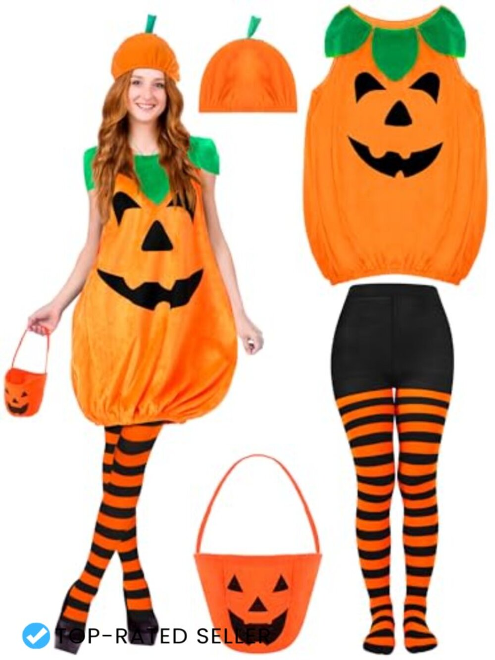 Pumpkin Costume Set Women Sleeveless Dress Hat Tights Bag Halloween Cosplay